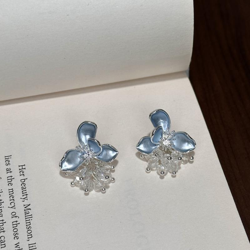 イヤリング 女性用 夏 クリアブルー ドロップ釉 フラワー モビール タッセル 軽量 幾何学 デザイン 清新 甘い スタイル シルバーニードル アクセサリー かわいい 耳飾り