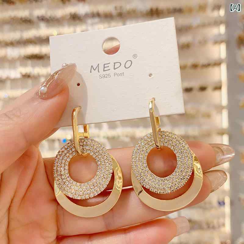 イヤリング 女性用 丸型 ジルコニア付き 大型 幾何学デザイン ファッション 気質 高級感 通勤スタイル 14Kゴールドメッキ シルバーニードル シンプル 百搭 アクセサリー