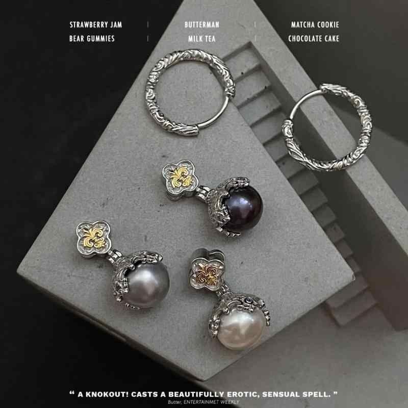 By Color - ピアス 女性用 唐草 アネモネ 花モチーフ 真珠 イヤーカフ ドロップ型 花柄 植物柄 真珠 ホワイト グレー ブラック 銅製 電気メッキ加工 軽量 華奢 デザイン シンプル クール 夏 アクセサリー 普段使い かわいい 女性向け ファッション 耳飾り
