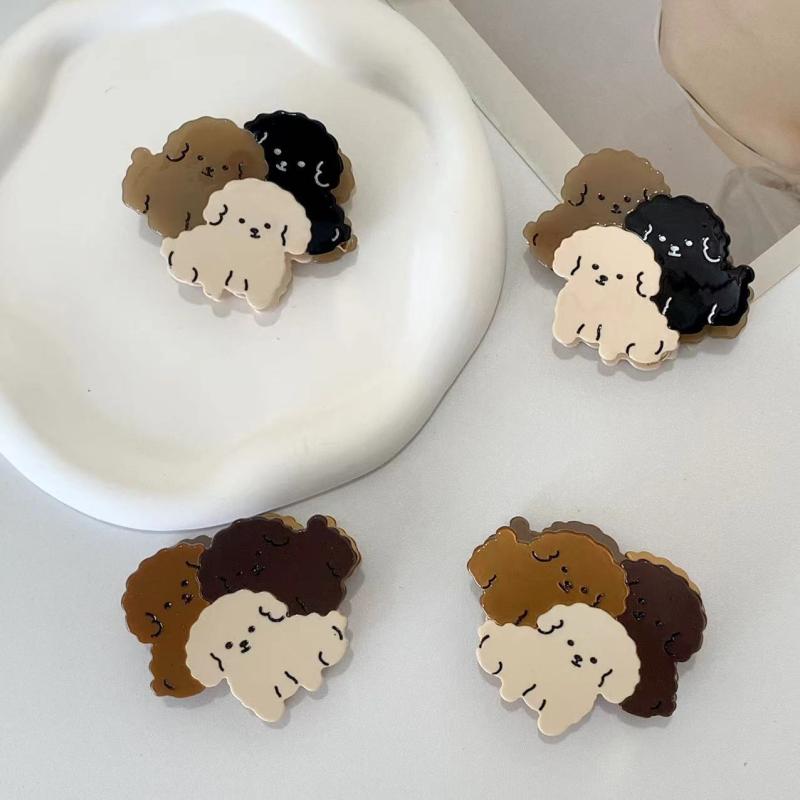 ヘアアクセサリー 女性用 かわいい 動物モチーフ 3匹犬 醋酸 手作り ヘアクリップ 大型 後頭部用 シンプル風 ファッション 通勤スタイル ブラウン系 ブラック系 6cm 春夏