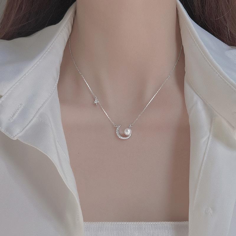 Coral Pink - ネックレス 女性用 軽やか デザイン ファッション 通勤 気質 かわいい 精巧 鎖骨チェーン パール ムーン スター ジオメトリック ジルコニア 銅製 O字チェーン 夏 接触冷感 軽量 シンプル アクセサリー 日常使い 人気 コーディネート