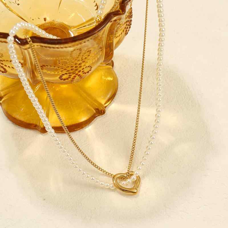 Cubic Zirconia - ネックレス 女性用 レイヤード ハート デザイン 偽物パール 鎖骨チェーン ファッション 汎用 高級感 アクセサリー 幾何学 タイタンスチール 41cm 50cm チェーン ハート型 個性 トレンド 春夏 インスピレーション スタイル