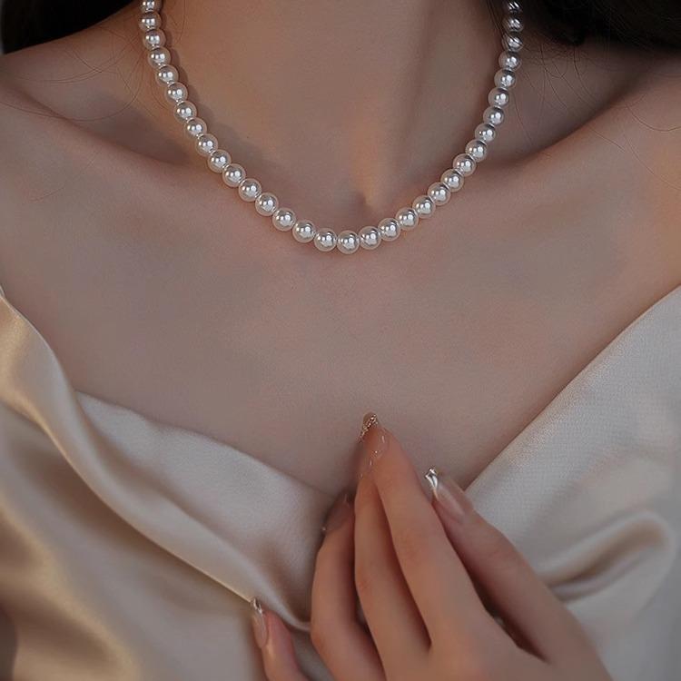 Pearl - ネックレス 女性用 珍珠 鎖骨チェーン 小粒 磁石 付け外し 簡単 手作り 幾何学デザイン 丸み 優雅 ファッション 通勤 春夏 41cm 50cm 調整可能 3mm 4mm 6mm 8mm サイズ 選択 接触冷感 軽量 日常使い アクセサリー