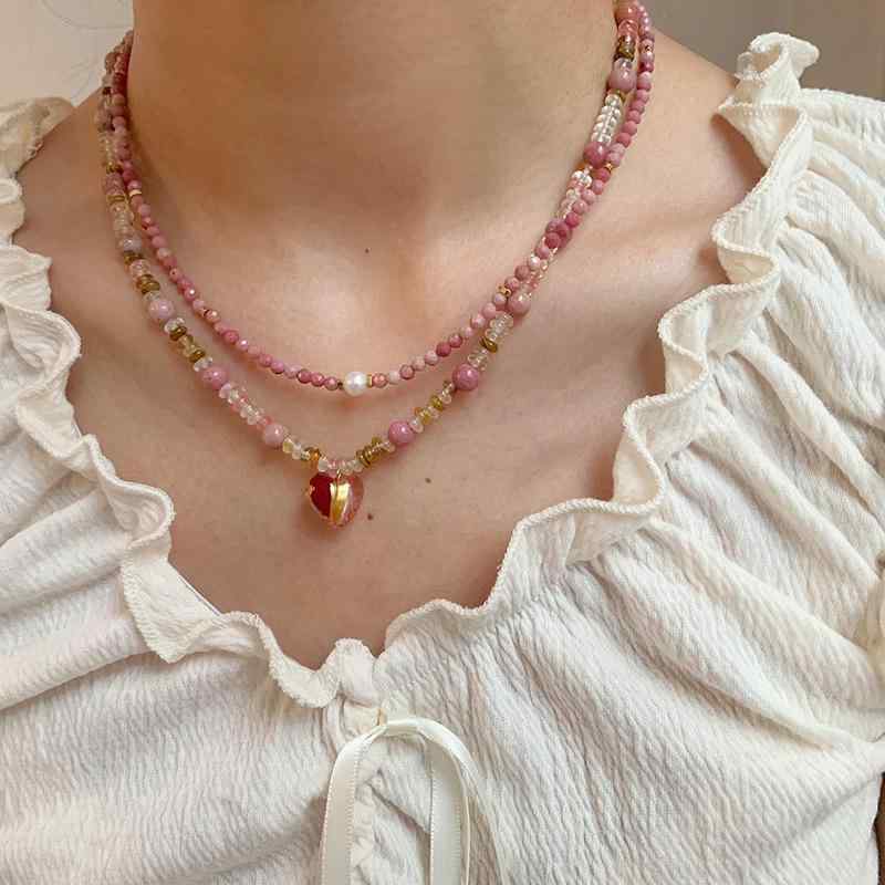 ネックレス 女性用 夏 琉璃 西瓜モチーフ 串珠 デザイン 個性 精致 鎖骨チェーン 手作り 幾何学 かわいい 軽量 41-50cm 淡水パール 紅木 蔷薇 甘めクール トレンド