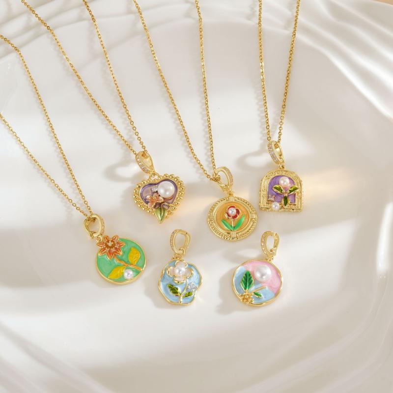 Rhodolite - ネックレス 女性用 油画風 モネ風 復古 フレンチスタイル 高級感 毛衣チェーン バロック風 珍珠 レイヤード 花卉モチーフ 電気メッキ加工 軽量 ファッション 通勤 春夏 アクセサリー