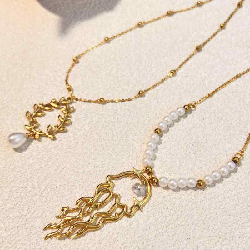 Other - ネックレス 女性用 淡水パール ペンダント 鎖骨チェーン 18Kゴールド風 クロスチェーン U字型 復古風 軽量 電気メッキ加工 ユニセックス 春夏 かわいい 自然モチーフ ファッションアクセサリー 伸縮性 吸湿速乾 再生繊維 ピンク系 ブラック
