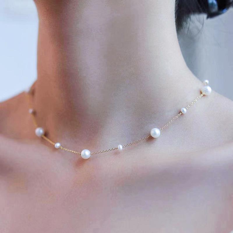 Heart - ネックレス 女性用 天然淡水パール 軽奢デザイン 復古スタイル フルスカイスター アクセサリー 金色 幾何学形状 手工編み込み ファッション通勤 自然素材 3-6mm パール 21-50cm 調整可能 春夏 トレンド かわいい レイヤード対応 軽量 シン