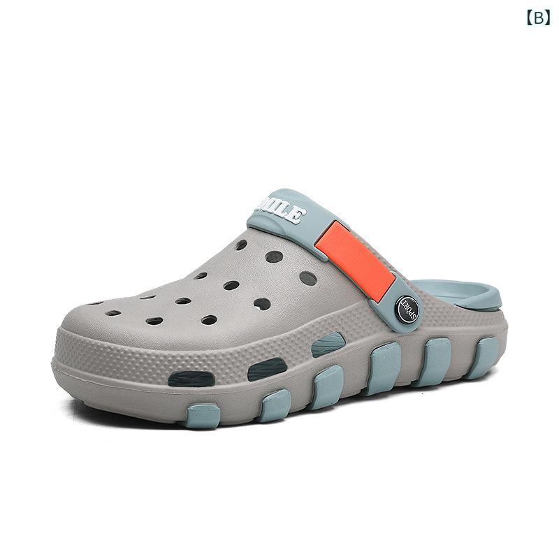 メンズサンダル 洞洞靴 包頭 厚底 防滑 EVA素材 透気 防水 増高 圆頭 平跟 镂空デザイン ビーチスタイル 春夏 秋用 黒 グレー カーキ 低跟 休闲 男女兼用 沙滩シューズ 軽量 通気性 ラウンドトゥ バックル着脱 屋外 日常使い