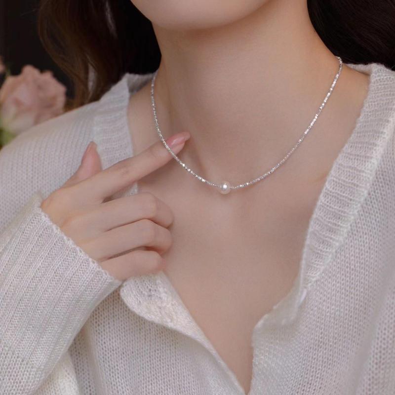 Other - ネックレス 女性用 シンプル 鎖骨チェーン レイヤード シルバー加工 スワロフスキー風パール 黒胆石 接触冷感 メタリックグレー ピュアホワイト ファッション 個性 ナチュラル 軽量 伸縮性 高級感 日常使い アクセサリー チェーン ジュエリー トレンド