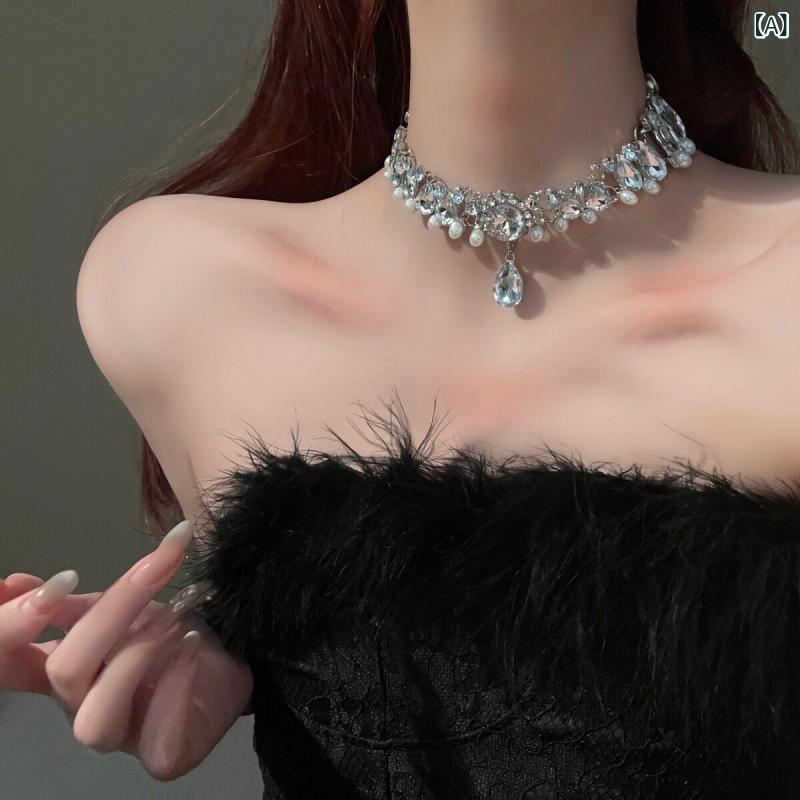 シャドーテールのネックレス 女性用 バロックパール ジルコニア チェーン ファッション 通勤 軽量 金属 電気メッキ加工 水滴形 ミックスジェム 41cm 鎖骨チェーン シンプル 洗練 シルバー ゴールド 春夏｜アングル2