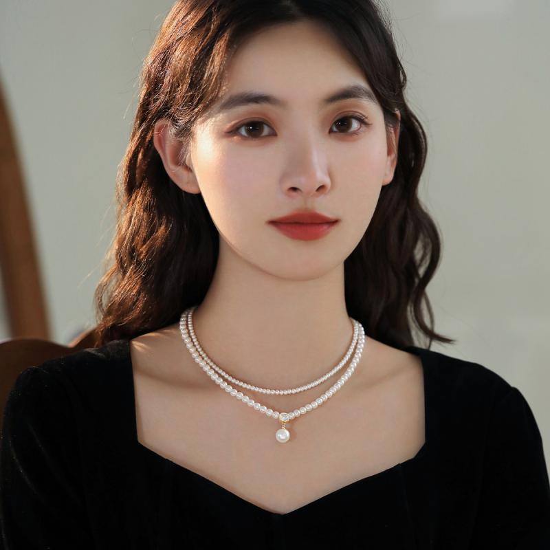 Rhinestone - ネックレス 女性用 ダブルレイヤー 珠串 細パール チャーム 毛衣チェーン 春夏 ファッション 通勤 軽量 幾何学 丸型 アクセサリー 華奢 レイヤード ジュエリー シンプル スタイリッシュ デイリー コーデ アクセント