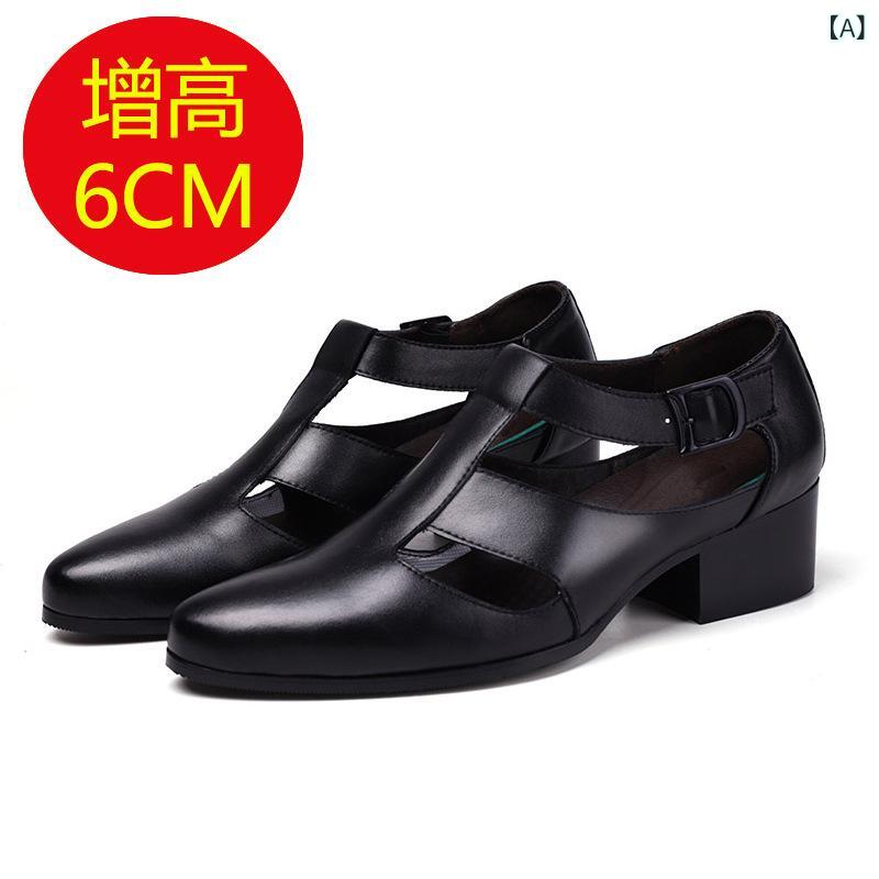 メンズサンダル ビジネスカジュアル 革靴 ローファー風 ヒールアップ 6cm 8cm インソール 透気 穴あき デザイン ブラック 軽量 防滑 真皮 メッシュ 素材 夏用 通勤 通年 履き 男性用 足元 おしゃれ アイテム 快適 フィット 形状 尖頭 ス