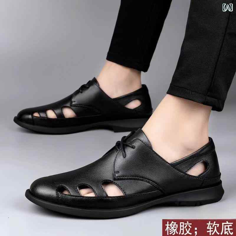 メンズ 夏用 皮サンダル 透気 防滑 ソフト底 洞穴 切り替え デザイン 低筒 包頭 型 男性用 中年向け 普段使い 軽量 再生皮革 ブラック ..