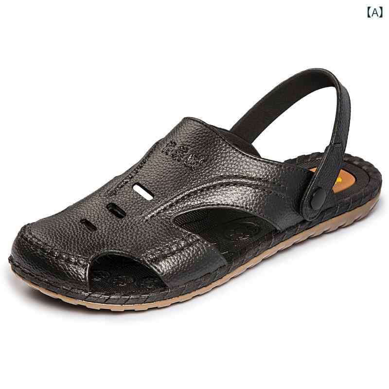 メンズサンダル 男性用 夏 春夏 透気 防水 防滑 包頭 柔軟底 耐摩耗 PVC素材 ゴムソール 後ろ紐 調整可能 黒 ダークブラウン ビーチ ストリート カジュアルシューズ 軽量 足元快適 日常使い アウトドア