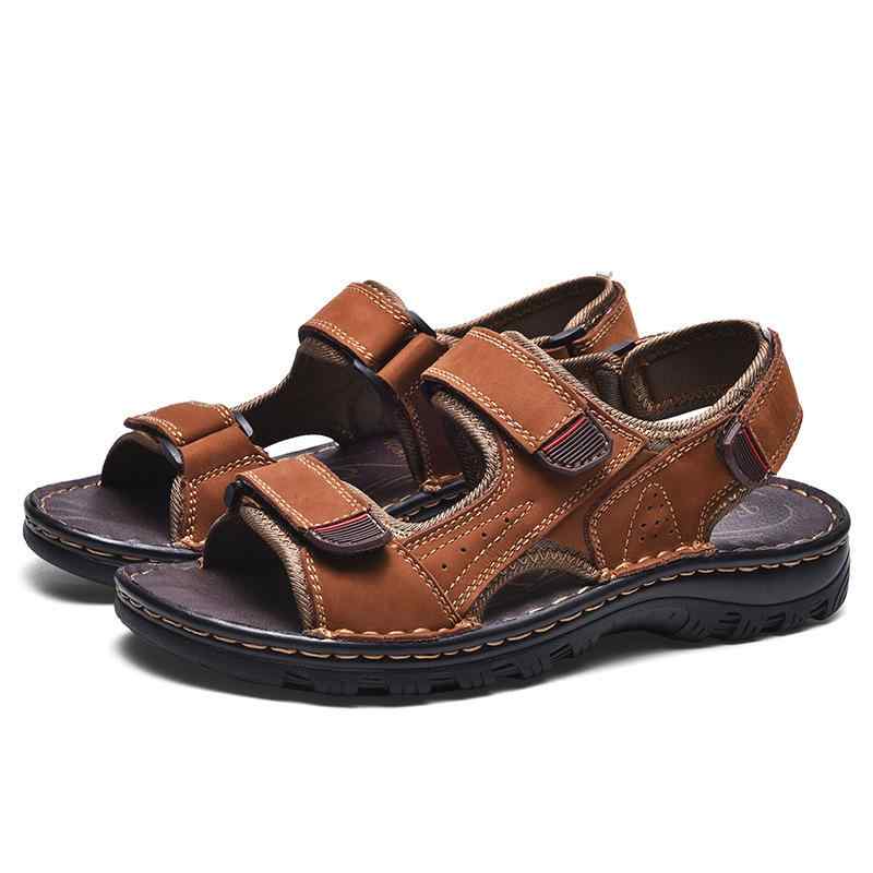 Men'S Shoes - メンズ サンダル 夏用 ビッグサイズ 軽量 魔術テープ 男性用 牛皮 復古風 百搭 ビーチサンダル 露趾 透気性 防滑 青春潮流 スタイル 皮質内張り ブラック ライトブラウン レッドブラウン カーキ ハイカラー ハイカラー ラバーソール 磨砂加工 履き