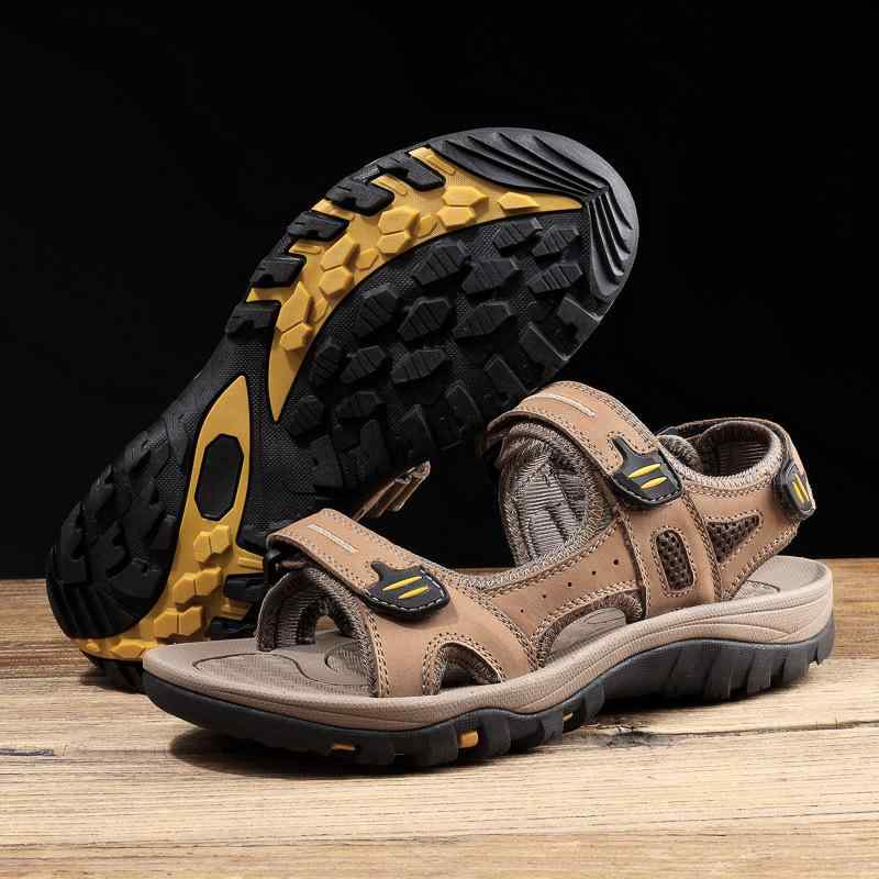 メンズ 夏用 魔術テープ 露趾 沙滩サンダル 透気 軽量 牛皮素材 ラバーソール グレー ブラック グリーン ダークブラウン カーキ コーヒー カラーバリエーション ビッグサイズ 38-48cm 切り替えデザイン 磨砂加工 春夏 秋 日常使い アウトドア