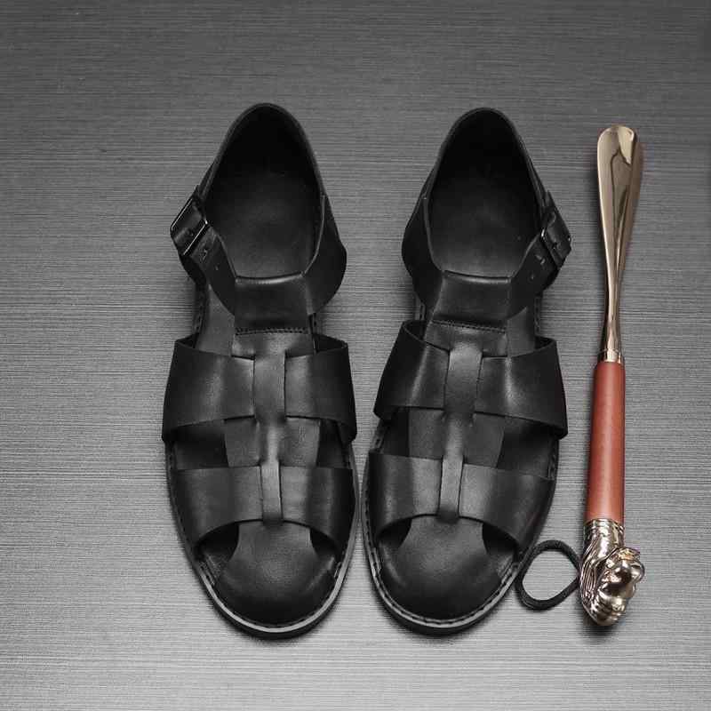 メンズサンダル 男性用 真皮 牛革 軽量 透気 ローマサンダル 露趾 ブラック 夏用 防滑 ソール ラバー素材 ビジネスカジュアル 普段使い 切り替えデザイン ハイクオリティ 伸縮性
