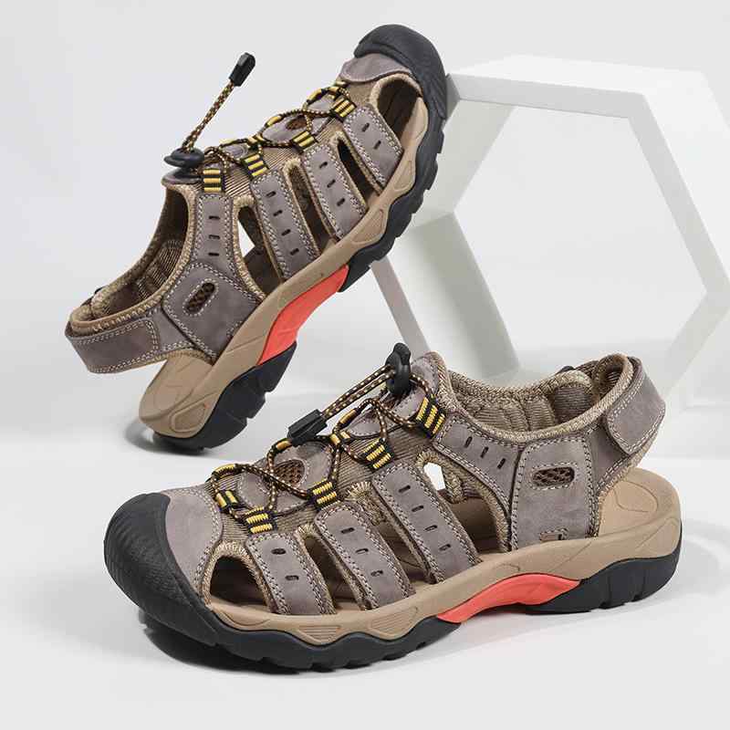 メンズサンダル 男性用 真皮 革靴 透気性 包頭 デザイン 魔術テープ 固定 ルーズフィット ビーチ シューズ 休日 履き 春夏 シーズン ブラック グリーン ダークブラウン コーヒーブラウン ライトブラウン グレー ブルー アイボリー ベージュ カラー