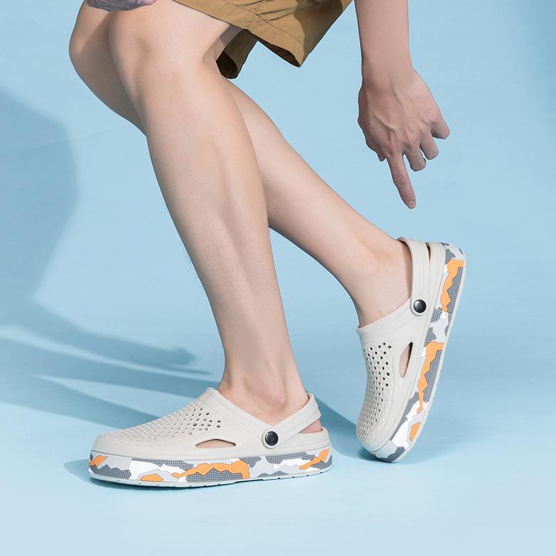 メンズサンダル 男性用 クロッポケシューズ 透気性 EVA素材 迷彩柄 夏用 沙滩スタイル 加厚底 丸頭 セットオン 青年向け 軽量 普段使い 屋外 アウトドア 通勤 休日 深藍 深灰 ブラック グレー ホワイト 切り替えデザイン