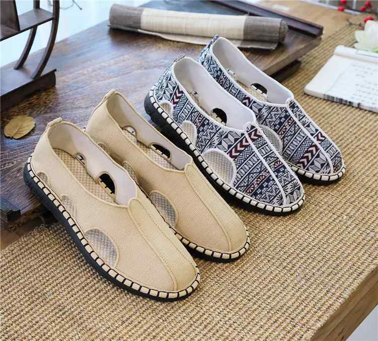 メンズ 春夏 沙滩靴 透気 帆布 スニーカー 単靴 ローファー ローマン スタイル 男性用 青年向け 米色 ブルー 軽量 快適 履き心地 良い 日常使い 歩きやすい 復古 デザイン 民族風 インスパイア 綿麻 素材 切り替え ディテール カジュアル シュ