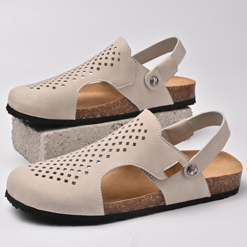 メンズサンダル 牛皮 包頭 半スリッポン ビーチシューズ ブラウン ベージュ 木底 透気性 青春カジュアル 夏用 青年向け 革素材 足元リラックス 軽量 バインドストラップ トレンドスタイル