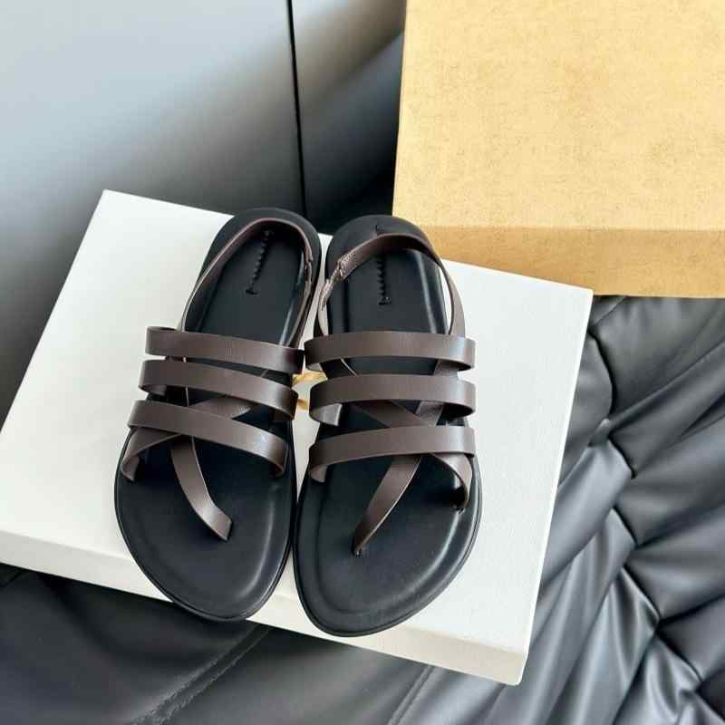 レディース ローマサンダル 気質 クロストゥ フラット 夏用 後空 ファッション 法式 女性用 牛皮 素材 透気 速乾 防水 防滑 耐磨 低幫 丸頭 翻邊 镂空 浅口 交叉 バンド 純色 白色 深ブラウン ブラック