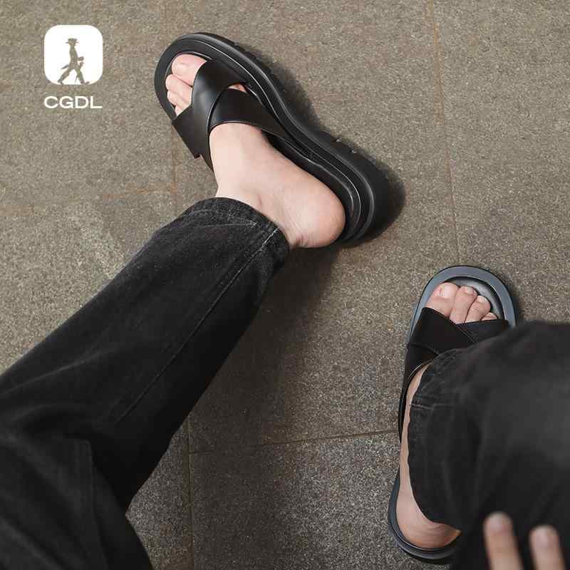 サンダル メンズ 男性用 夏 夏季 厚底 クロスストラップ ワンワイズ 真皮 牛皮 革 ブラック 黒 色 休闲 休憩用 外履き 歩きやすい 軽量 発泡 クッション 吸湿 速乾 粘着加工 粒子面 粒面加工 青年 18-40歳 通勤 普段使い アウトドア 足