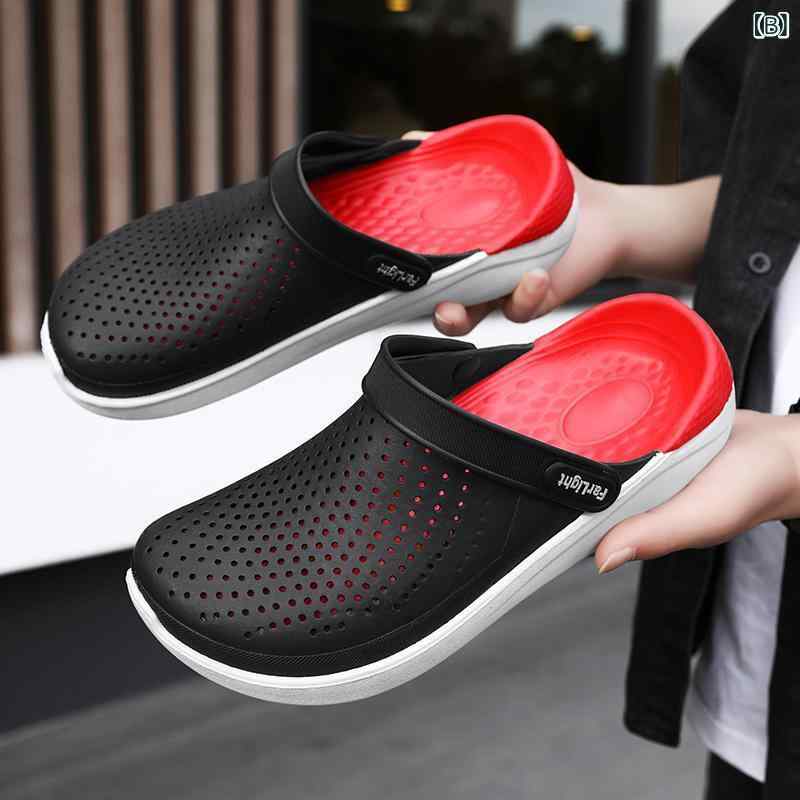 メンズ 洞穴サンダル ビーチサンダル 夏用サンダル 韓版 防滑厚底 包頭 男性用 青年向け プラスチックソール 注塑加工 軽量 通気性 深青色 黒赤 灰緑 純色 セットオン 夏用 アウトドア 普段使い