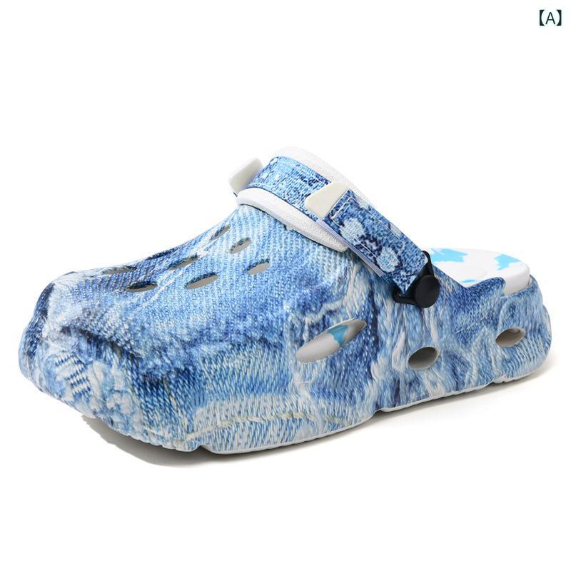 メンズ 洞洞靴 厚底サンダル ピタッとフィット 5cmヒール 蛇柄 デニムブルー 夏用 EVA素材 軽量 ビーチサンダル クロッグシューズ 包頭デザイン メンズサマーシューズ 丸トゥ 欧米スタイル 通気性 ラフスタイル 休日使い 足元おしゃれ 防水加工