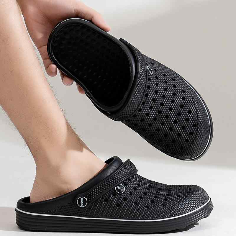 メンズサンダル 厚底 包頭 ドラッグシューズ 男性用 夏季 春夏 秋 涼鞋 EVA素材 防水 防滑 通気性 軽量 インソールなし 黒 丸頭 低めかかと 平らかかと ルーズフィット 屋外 ビーチ ガーデン 増高 透気 套筒着脱 人気スタイル 普段使い アク