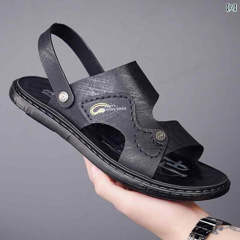 メンズサンダル 男性用 ビーチシューズ 防水 防滑 透気 軽量 超繊維皮 丸トゥ 平底 厚底 純色 ブラック イエロー グレー 夏用 後ろ紐 露趾 ミドルエイジ 普段使い アウトドア ファッション