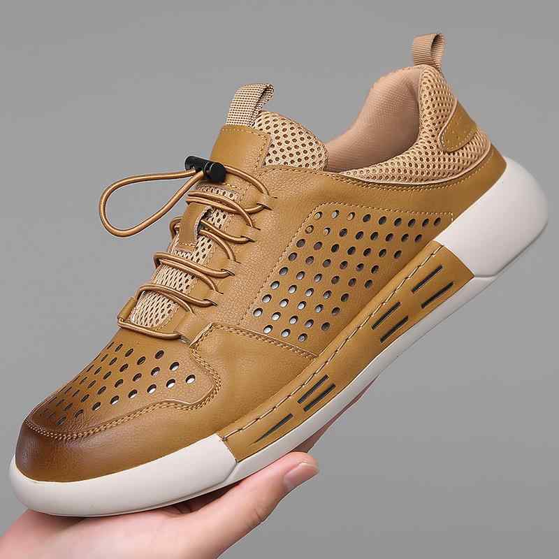 メンズサンダル 厚底 透気 包頭 丸頭 防滑 低幫 ゴム底 牛革 合成皮 ビジネス カジュアル 夏 卡其色 黄色 軽量 柔軟 伸縮 クッション性 ストリート 普段使い 吸湿速乾 ラバーソール