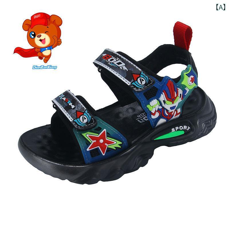 男児用サンダル 男の子 子供 キッズ 夏 夏季 赤 赤色 ブラウン 茶色 ミリタリーグリーン ミリタリー グリーン 黒 ブラック オレンジ 橙色 青 ブルー 露趾 オープントゥ 防滑 滑り止め 耐磨 耐久 厚底 ソフトソール 柔らかいソール 超繊維皮革