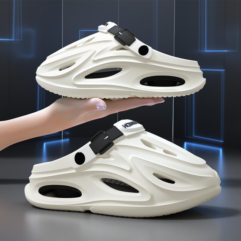 メンズ 厚底 クロッポンシューズ 夏用 スポーツ 防水 防滑 透気 EVA素材 クッション性 軽量 ルームシューズ 通勤用 アウトドア 黒 紫 黒 白色 グレー ビッグソール 3.5cm 厚み 包頭デザイン 注塑加工 流行 穴あき ステップイン シューズ