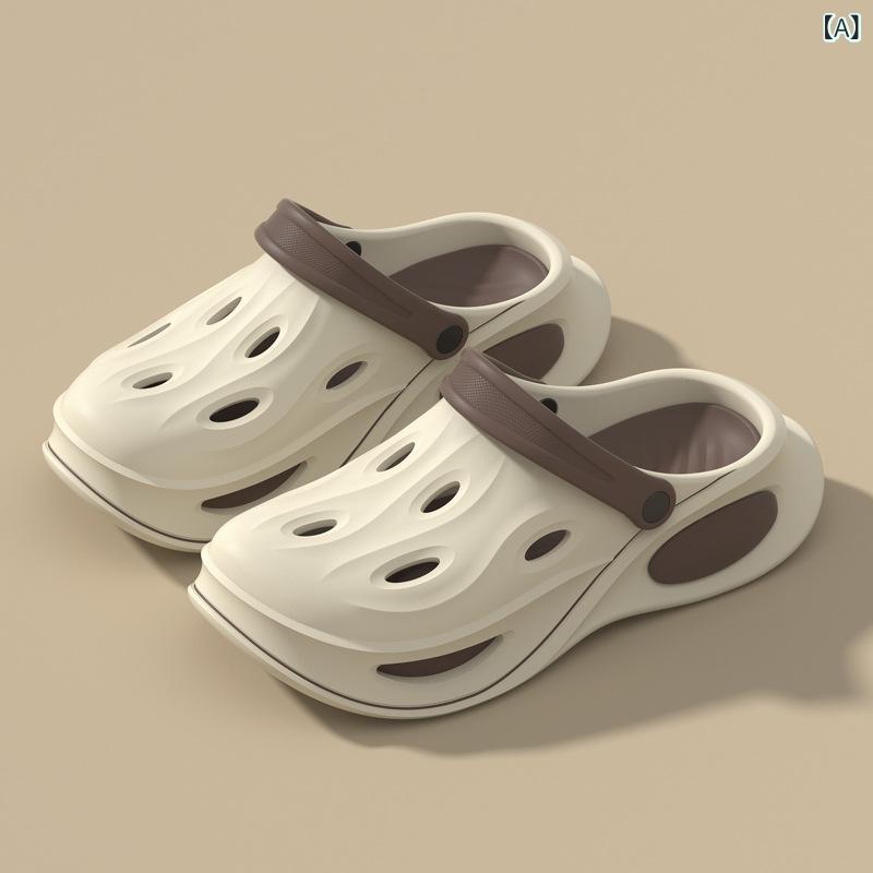 メンズ 厚底 洞穴サンダル 防水 防滑 EVA素材 透気 切り替え デザイン 黒橙 米緑 米棕 夏用 ビーチ シューズ ドライブ シューズ 屋外 アクティビティ 軽量 厚さ3.5cm セットトゥ スタイル 注塑 加工 普通厚 春夏 シーズン ミッドソール