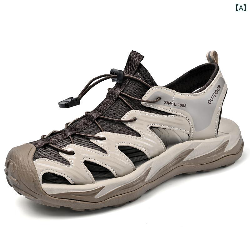 メンズサンダル 男性用 夏用 透気性 包頭 沙滩 ビーチサンダル 屋外 アウトドア 防滑 安全 厚底 ルーズフィット ラウンドトゥ コットン調 超繊維 レザー 風合い 磨砂 ホワイト ブラック 純色 シンプル 軽量 通気 快適 普段使い カジュアル ビッ