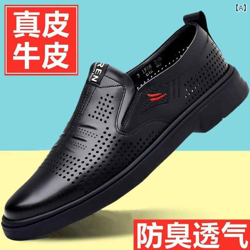Holly'S Sole - メンズサンダル 男性用 革製 透気性 柔らかい底 クロッコ 夏用 セットオン 切り抜き 革靴 ブラック 軽量 通気 吸湿 速乾 ラバーソール 牛革 春夏秋冬 通勤 普段使い カジュアル ビッグシルエット