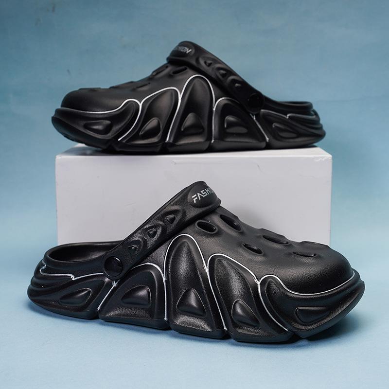 メンズサンダル 男性用 厚底 防滑 EVA素材 洞洞穴あき 丸頭 包頭 低筒 夏用 ビーチスタイル 休日カジュアル 純色 ブラック ホワイト カーキ グレー 軽量 快適 ステップイン 青年向け 模圧加工 フラットヒール 足元おしゃれ 屋外レジャー シンプ