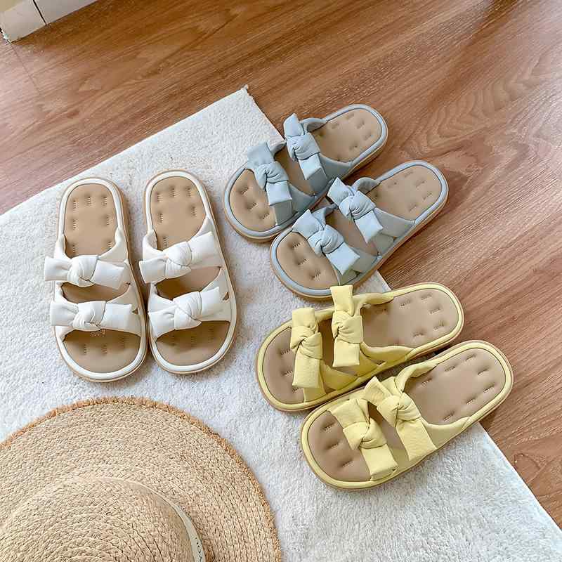 女性用 フラットサンダル 夏 露趾 ビーチサンダル かわいい 蝶結び 軽便 防滑 快適 米白色 黄色 ブルー 超細繊維 ラバーソール 日常使い 按摩機能 バランス 韓風 純色 粘着加工 平底 外履き