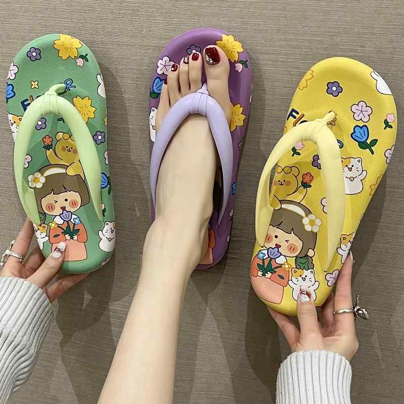 サンダル 女性用 夏用 かわいい 猫柄 ビーチサンダル 人字型 フラットシューズ 防滑 EVA素材 軽量 日常使い 紫色 緑色 黄色