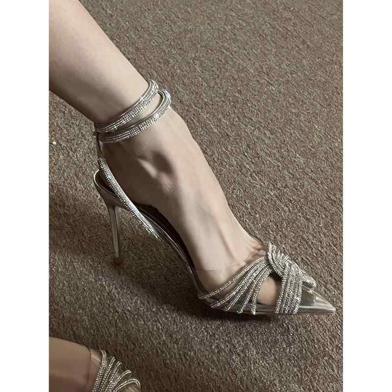 サンダル 女性用 透明 交叉 ストラップ ハイヒール 8cm ピンヒール ストラップサンダル 尖頭 ラインストーン 装飾 銀色 超繊維 素材 春夏 軽量 伸縮性 吸湿速乾 ファッション 仙女風 フェミニン スタイル 足元 おしゃれ コーディネート