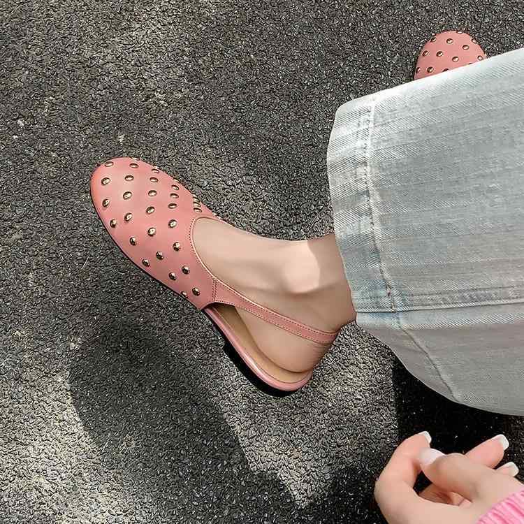 レディース 真皮 フランス風 レトロ ラバー ハーフトゥ オープントゥ サンダル ミュール 平底 ローヒール スニーカー シューズ 春夏 丸トゥ デザイン ストラップ バックル 装飾 ブラック ピンク アイボリー 成人文 牛革 素材 ピッグスエード ライ