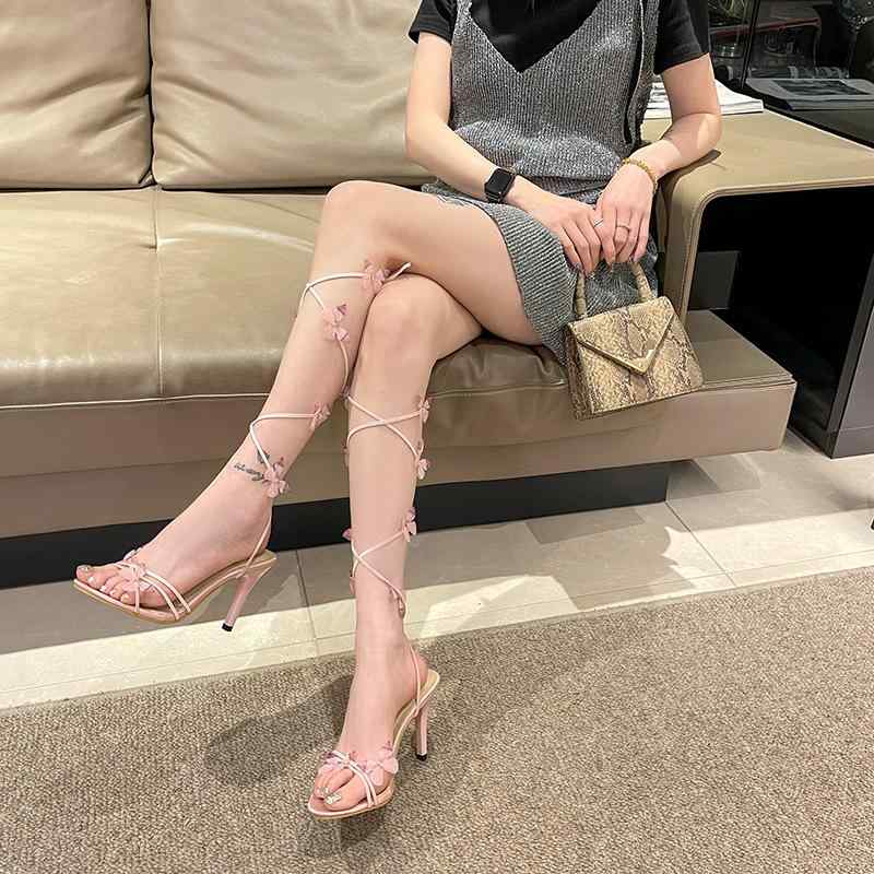 レディース ハイヒール サンダル 夏用 春夏 ピンク 尖頭 細ストラップ クロスバインド 軽量 伸縮性 PU素材 ローマ風 フェミニン 足首巻..