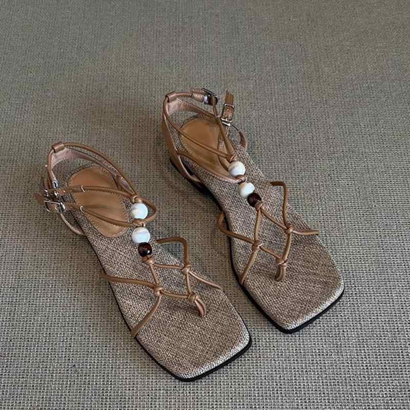 サンダル 女性用 夏 粗中 方頭 クロスストラップ ビーズ オープントゥ トゥポスト クッション性 牛革 羊皮内張り ブラック ブラウン 軽量 快適 通勤 普段使い