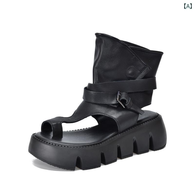 ローマサンダル レディース 露趾 厚底 夏用 ピールストラップ バックオープニング カジュアル オープントゥ ハイカット 真皮 頭層牛皮 ブラック ベージュ 軽量 伸縮性 吸湿速乾 セットトゥ ローマンスタイル 足元おしゃれ 歩きやすい 女性用 靴 履き