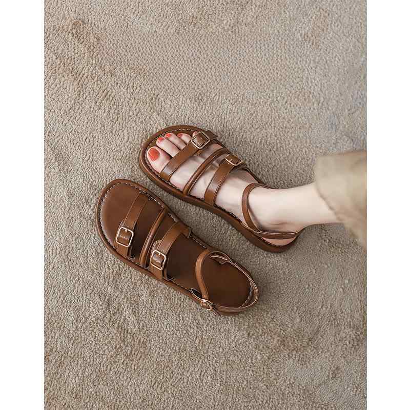 サンダル 女性用 夏 春夏 ローファー風 ストラップ ローマンスタイル フラットシューズ 復古 バックル オープントゥ ソフトソール 超細繊維 ラバー底 丸トゥ 純色 低カット バックオープン ブラウン ブラック 軽量 通気性 普段使い カジュアル
