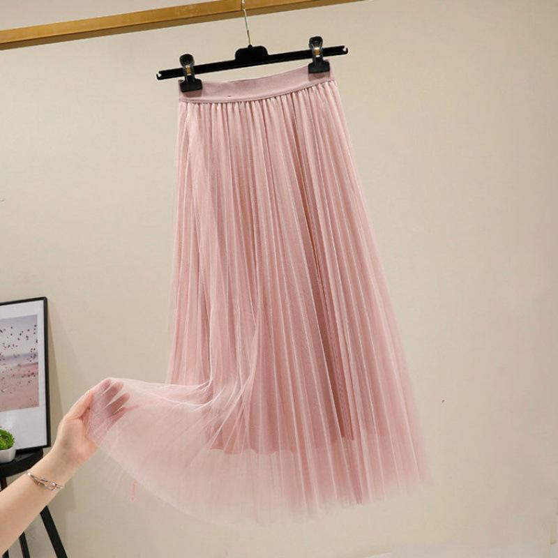 スカート 半身 女性用 ピンク 黒 灰 網紗 ポリエステル 百褶 中長丈 高腰 レイヤード フレア 純色 レース 夏 気質 通勤 都市 かわいい 軽やか シルエット