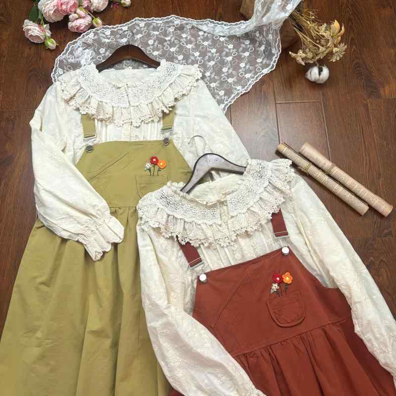 Other - ワンピース レディース 背带 宽松 無袖 背心裙 シャツ セット レース 花边 切り替え ドールカラー 長袖 調整可能 腰 ネット生地 清新 甘美 スタイル 杏 橘 鴨緑 春季 オールシーズン かわいい 軽量 通勤 普段使い デート