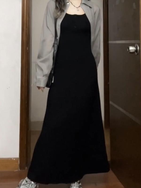 レディース ワンピース セット 灰色 黒 長丈 背帯 シャツカラー 短袖 高腰 立体裁剪 TR素材 PVC 純色 セットアップ シャツ スカート 組み合わせ 夏 初秋 復古風 中国風 長裙 背心裙 シャツ領 常规袖 文艺スタイル 職装 街着 甘め クール