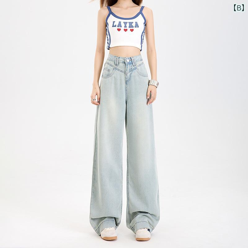女性用 牛仔パンツ 高腰 レイヨン混 夏 春夏 翡翠緑 ワイドレッグ ロング丈 薄手 ...